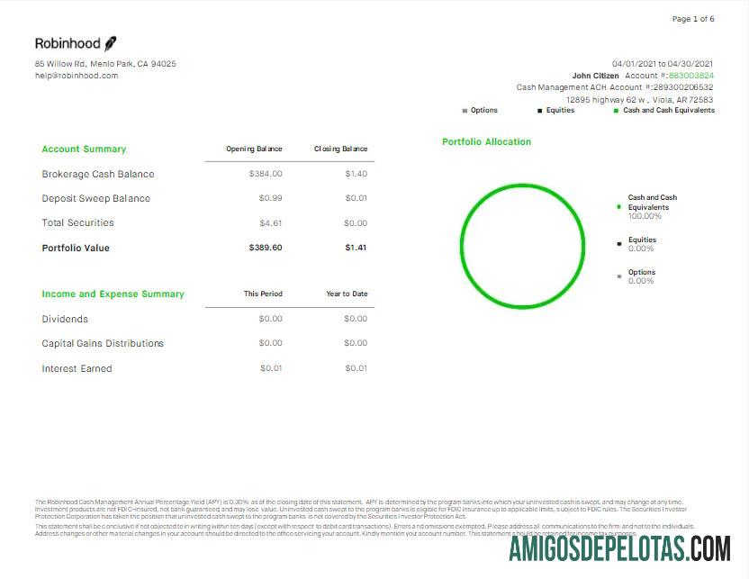 Extrato bancário Robihood dos EUA para download Word e PDF modelo Scr